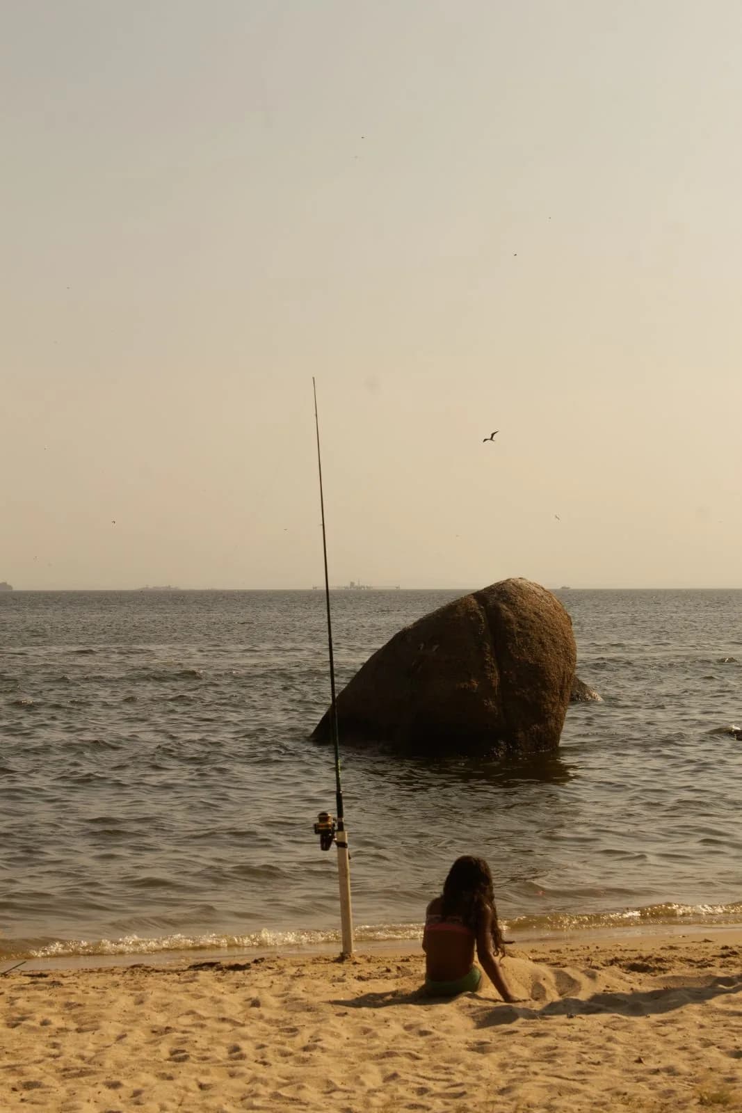Pedra e silhueta na maré