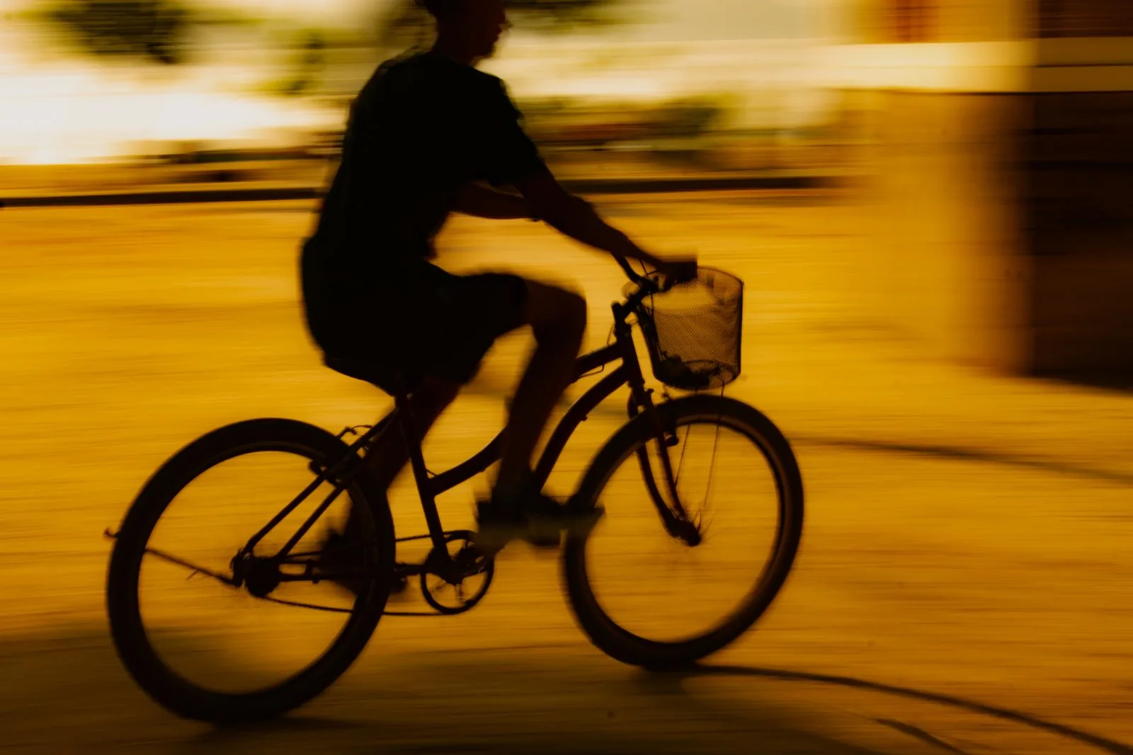Ciclista em silhueta contra o chão dourado