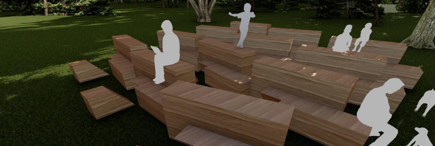Render do conjunto ocupado: pessoas sentadas e caminhando entre os blocos
