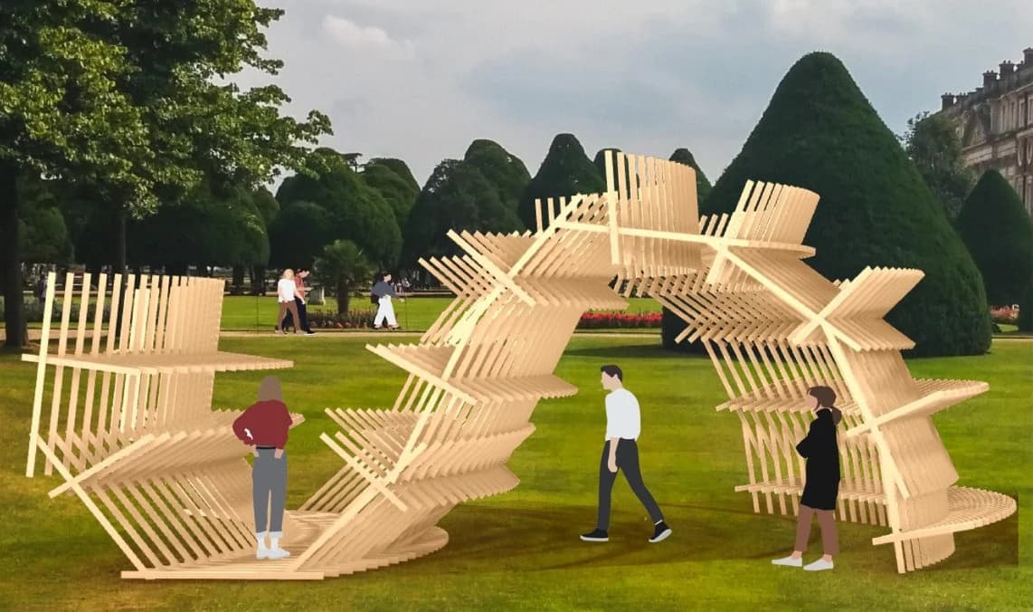 Render do pavilhão implantado no jardim, com pessoas percorrendo a estrutura