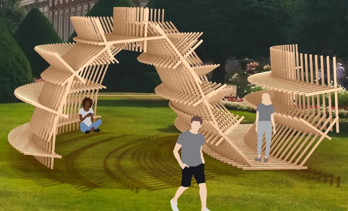 Render aproximado do pavilhão, mostrando a permeabilidade entre as ripas