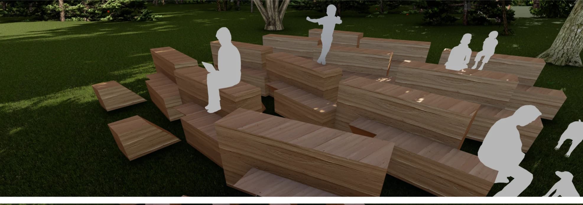 Render do conjunto ocupado: pessoas sentadas e caminhando entre os blocos