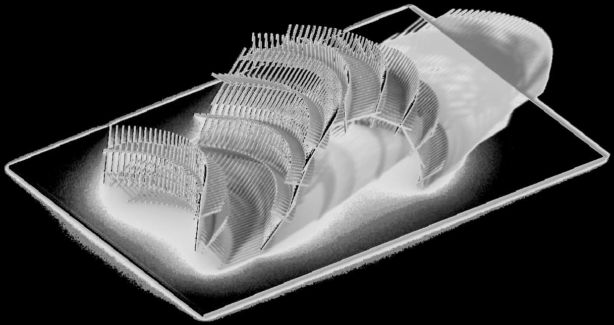 Maquete do pavilhão: módulos repetidos ao longo de um eixo curvo