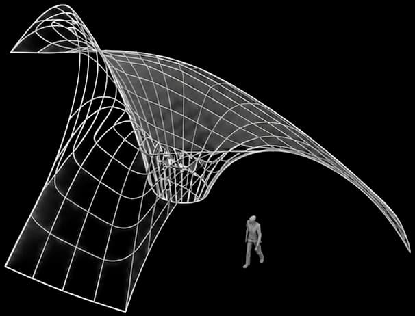 Perspectiva da gridshell com figura humana para escala