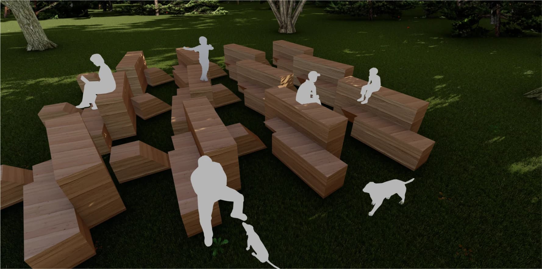 Render do conjunto de blocos de madeira distribuídos no gramado, usados como bancos e percurso