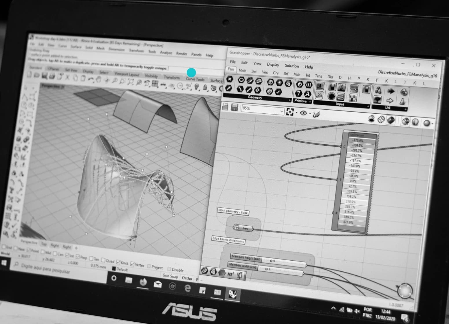 Tela com modelagem paramétrica no Rhino e definição em Grasshopper para análise da gridshell