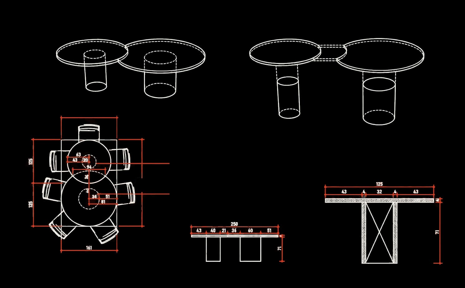 Prancha técnica da Mesa Encontro: perspectivas, planta baixa, vista 01 e corte da mesa em concreto branco