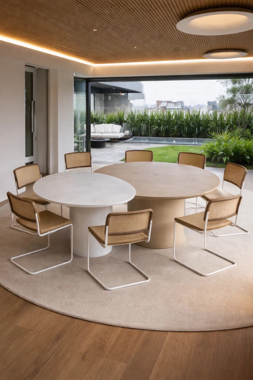 Mesa Encontro em ambiente com forro ripado de madeira e vista para o terraço