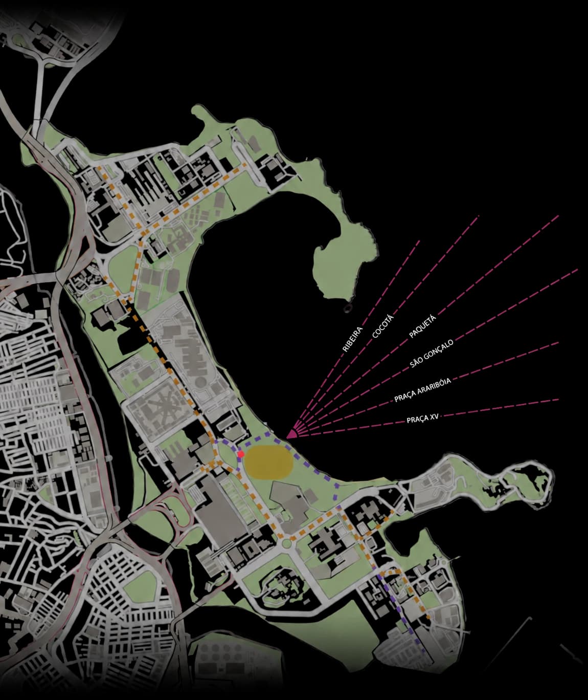 Mapa da proposta: ciclovias existentes e novas, percursos pedonais e leque de percursos de barca a partir da nova estação