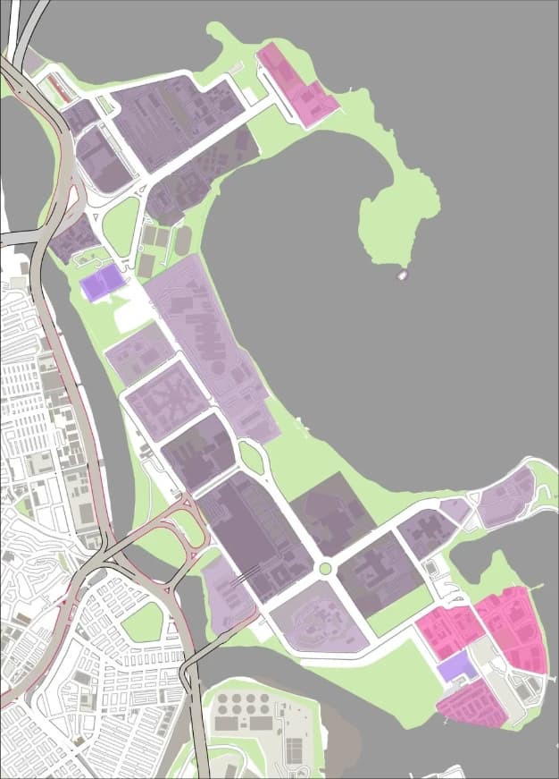 Mapa de uso do solo da Cidade Universitária, com educação e saúde, áreas de lazer, instituições, indústrias e residências