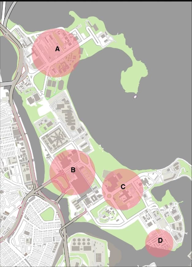 Mapa dos centros de convergência A, B, C e D sobre a Cidade Universitária